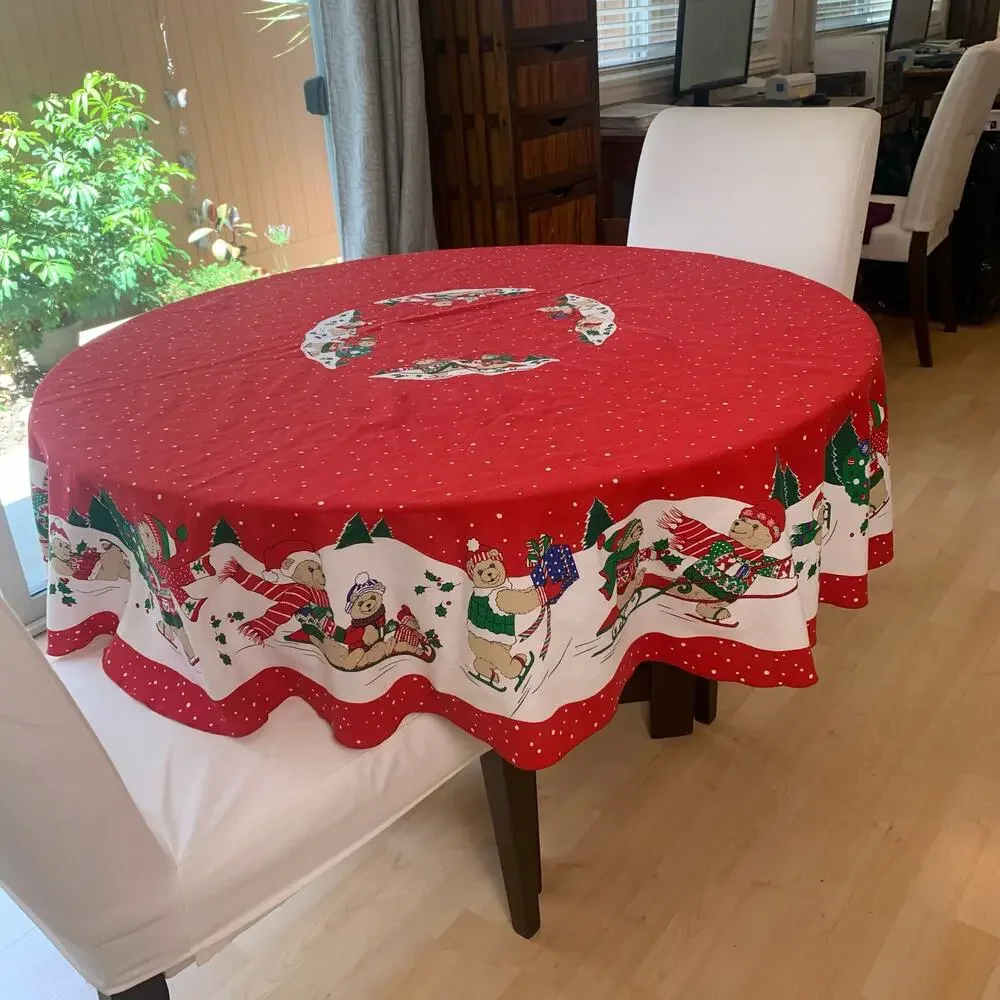 Vintage Christmas Tablecloth Round Red Holiday Teddy Bear Snow Scene 60” Decor